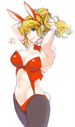 Rule 34 | 1girl, ;), animal ears, banpresto, black pantyhose, blonde hair, blue eyes, breasts, cleavage, closed mouth, clothing cutout, excellen browning, fake animal ears, fake tail, gloves, high ponytail, hiyoshi hana, large breasts, leotard, long hair, midriff, navel, navel cutout, one eye closed, pantyhose, playboy bunny, rabbit tail, red leotard, side cutout, simple background, smile, solo, super robot wars, super robot wars original generation, tail, tying hair, wavy hair, white background, white gloves