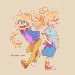 Rule 34 | 1girl, blonde hair, blue shirt, braid, brown footwear, closed eyes, closed mouth, collared shirt, commentary, english text, eureeka&#039;s castle, eureeka (eureeka&#039;s castle), glasses, hands in pockets, hands on own hips, hawaiian shirt, highres, horns, humanization, kinako (moment), looking up, open mouth, ponytail, red footwear, shirt, shoes, simple background, smile, sneakers, socks, solo, standing, symbol-only commentary, yellow socks