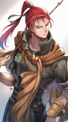 Rule 34 | 1boy, archery, arrow (projectile), blue eyes, bow (weapon), fire emblem, fire emblem heroes, highres, holding, holding weapon, long hair, looking at viewer, male focus, nakabayashi zun, neck, nintendo, open mouth, ponytail, red hair, scarf, shinon (fire emblem), simple background, solo, weapon