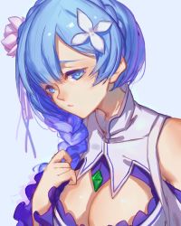 Rule 34 | 10s, 1girl, alternate hair length, alternate hairstyle, bad id, bad pixiv id, bare shoulders, blue eyes, blue hair, braid, breasts, cleavage, cleavage cutout, clothing cutout, cosplay, emilia (re:zero), emilia (re:zero) (cosplay), flower, frilled sleeves, frills, gem, hair flower, hair ornament, hair over shoulder, hair ribbon, hand on own chest, highres, large breasts, long hair, matching hair/eyes, re:zero kara hajimeru isekai seikatsu, red cucumber, rem (re:zero), ribbon, single braid, solo, upper body