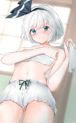 Rule 34 | 1girl, 258n, bandages, bloomers, blue eyes, blush, covering privates, covering breasts, hairband, indoors, konpaku youmu, navel, ribbon, sarashi, short hair, silver hair, solo, thighs, topless, touhou, underwear, underwear only, white bloomers, window, wrapping