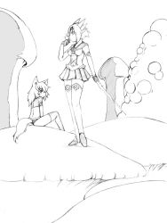 Rule 34 | 2girls, animal ears, boots, camel (dansen), female focus, milia, monochrome, multiple girls, mushroom, nature, original, outdoors, plant, sachiho, sitting, skirt, sword, tail, thigh boots, thighhighs, weapon, white background