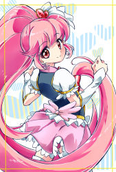 Rule 34 | 10s, 1girl, aino megumi, cure lovely, happinesscharge precure!, heart, highres, long hair, looking at viewer, looking back, magical girl, mipa brm, pink eyes, pink hair, pink skirt, precure, skirt, smile, solo, very long hair, wide ponytail