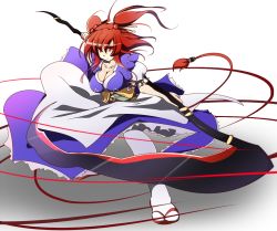 Rule 34 | 1girl, alternate weapon, bad id, bad pixiv id, bow, breasts, cleavage, female focus, hair bow, large breasts, onozuka komachi, red eyes, red hair, sandals, scythe, short twintails, skirt, solo, tenpesuto, touhou, twintails, two side up, weapon, zouri