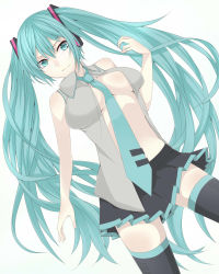 Rule 34 | 1girl, black thighhighs, blush, breasts, green eyes, green hair, hatsune miku, highres, large breasts, long hair, looking at viewer, matching hair/eyes, necktie, nemu (nebusokugimi), open clothes, shiny skin, skirt, sleeveless, solo, thighhighs, twintails, very long hair, vocaloid