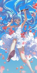 Rule 34 | 1girl, :d, arm up, bare arms, bare shoulders, blue eyes, blue hair, blue sky, chinese commentary, choker, collarbone, commentary request, day, dress, falling flower, falling petals, floating hair, flower, foot out of frame, hair ribbon, hand up, hatsune miku, hei yu, highres, holding, holding microphone, jumping, long hair, looking at viewer, microphone, midair, open mouth, outdoors, petals, pink flower, pink rose, ribbon, rose, shoes, sky, smile, solo, strapless, strapless dress, sundress, teeth, twintails, upper teeth only, vocaloid, white choker, white dress, white footwear, wind
