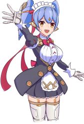 Rule 34 | 1girl, android, breasts, gloves, joints, large breasts, looking at viewer, maid, maid headdress, nintendo, open mouth, orange eyes, poppi (xenoblade), poppi qt (xenoblade), purple hair, ribbon, robot joints, short hair, simple background, smile, solo, tirari9336, twintails, waving, white background, xenoblade chronicles (series), xenoblade chronicles 2, xenoblade chronicles (series), xenoblade chronicles 2
