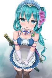 Rule 34 | 1girl, apron, armband, bare shoulders, black thighhighs, blue eyes, blue hair, blue ribbon, blush, collarbone, commentary request, detached collar, elbow gloves, flower, frilled armband, frilled skirt, frills, from above, gloves, hair flower, hair ornament, highres, holding, holding tray, kousetsu samonji (tenka hyakken), light blue hair, long hair, looking at viewer, maid, maid apron, maid headdress, marumaru, official alternate costume, open mouth, ribbon, sheath, sheathed, side ponytail, sidelocks, skirt, smile, snowflake pin, solo, spaghetti strap, standing, tachi (weapon), tenka hyakken, thighhighs, tray, v arms