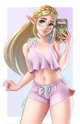 Rule 34 | alternate costume, bare arms, blonde hair, border, braid, breasts, casual, collarbone, cowboy shot, crop top, glasses, green eyes, hair ornament, hairclip, highres, holding, holding phone, jackary, long hair, looking at viewer, medium breasts, midriff, navel, nintendo, parted bangs, parted lips, phone, pink shirt, pink shorts, pointy ears, princess zelda, purple background, selfie, shirt, short shorts, shorts, sidelocks, sleeveless, sleeveless shirt, smile, the legend of zelda, the legend of zelda: breath of the wild, twitter username