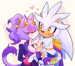 Rule 34 | 1boy, 2girls, alternate costume, alternate hairstyle, animal ears, blaze the cat, blush, brown eyes, cape, cat ears, cat tail, closed eyes, cross, einelitas, epaulettes, forehead cross, furry, furry female, furry male, gloves, heart, highres, if they mated, jacket, kiss, kissing cheek, multiple girls, purple cape, purple fur, purple jacket, silver the hedgehog, sonic (series), tail, upper body, white fur, white gloves