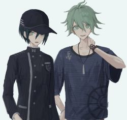 Rule 34 | 2boys, amami rantaro, antenna hair, baseball cap, black hair, black headwear, black jacket, brown eyes, buttons, commentary request, danganronpa (series), danganronpa v3: killing harmony, double-breasted, earrings, green eyes, green hair, grey background, hair between eyes, hand on own neck, hat, highres, iumi urura, jacket, jewelry, long sleeves, looking at viewer, male focus, multiple boys, necklace, open mouth, saihara shuichi, short sleeves, simple background, smile, striped clothes, striped jacket, teeth, upper body, upper teeth only