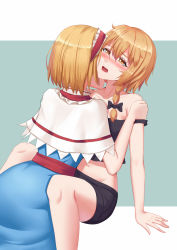 Rule 34 | 2girls, alice margatroid, alternate costume, alternate hair length, alternate hairstyle, ass, black shirt, black shorts, blonde hair, blue background, blue dress, blush, braid, breasts, capelet, cleavage, collarbone, crop top, dress, du mogu, from behind, hair ribbon, hairband, half-closed eyes, head tilt, hip focus, kirisame marisa, licking, licking another&#039;s neck, looking at viewer, multiple girls, navel, open mouth, ribbon, shirt, short hair, shorts, single braid, sitting, small breasts, stomach, strap slip, tank top, touhou, tress ribbon, two-tone background, white background, yellow eyes, yuri