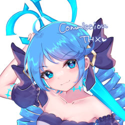 Rule 34 | 1girl, :3, bare shoulders, black bow, black dress, blue hair, blush, bow, breasts, collarbone, commission, detached sleeves, dress, drill hair, green eyes, gwen (league of legends), hair bow, heart, holding, holding scissors, large bow, league of legends, long hair, momikodayo, oversized object, puffy short sleeves, puffy sleeves, scissors, short sleeves, smile, solo, strapless, strapless dress, twin drills, twintails