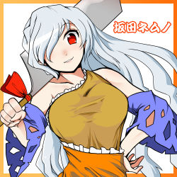 Rule 34 | 1girl, bare shoulders, breasts, character name, collarbone, detached sleeves, dress, hair over one eye, hand on own hip, hand up, hatchet, holding, long hair, looking at viewer, multicolored clothes, multicolored dress, nata (tool), over shoulder, parted lips, red eyes, sakata nemuno, sei (kaien kien), silver hair, single strap, smile, solo, taut clothes, taut dress, touhou, upper body, weapon, weapon over shoulder