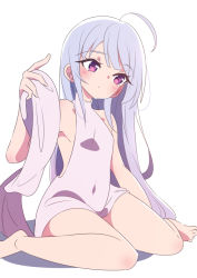 Rule 34 | 1girl, ahoge, arm at side, assault lily, bare arms, bare legs, bare shoulders, barefoot, blunt bangs, blush, breasts, closed mouth, commentary request, covered navel, dress, foot out of frame, grey hair, hair down, halter dress, halterneck, hand up, holding, holding towel, honkawa works, long hair, looking at viewer, miriam hildegard von gropius, pink eyes, short dress, sideless outfit, sidelocks, simple background, sitting, sleeveless, sleeveless dress, small breasts, solo, towel, very long hair, wariza, white background, white dress