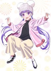 Rule 34 | 1girl, :d, bag, black shirt, blunt bangs, cardigan, floating hair, full body, hat, highres, long hair, looking at viewer, makicha (sasurainopink), new game!, open cardigan, open clothes, open mouth, pants, pink cardigan, pink eyes, purple hair, shirt, smile, solo, suzukaze aoba, twintails, very long hair, white background, white hat, white pants