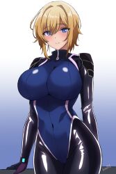Rule 34 | 1girl, absurdres, batta 16-sei, blonde hair, blue eyes, blush, bodysuit, breasts, highres, impossible bodysuit, impossible clothes, large breasts, looking at viewer, multicolored bodysuit, multicolored clothes, original, pilot suit, skin tight, solo