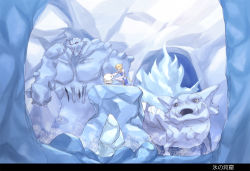 Rule 34 | 1girl, arch bishop (ragnarok online), blonde hair, blue dress, blue eyes, cave, choukichi, closed mouth, commentary request, double bun, dragon, dress, full body, glowing, golem, hair between eyes, hair bun, headpat, ice, ice cave, ice titan, in-universe location, juliet sleeves, ktullanux, letterboxed, long sleeves, looking at another, looking to the side, no eyes, open mouth, puffy sleeves, ragnarok online, red eyes, short hair, siroma (ragnarok online), smile, squatting, thighhighs, translated, white dress, white thighhighs
