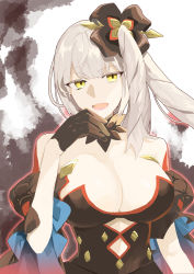 Rule 34 | 1girl, absurdres, black gloves, breasts, cleavage, dark persona, fate/grand order, fate (series), gloves, hand on own chin, highres, large breasts, long hair, marie antoinette (alter) (fate), marie antoinette (fate), side ponytail, solo, white hair, yellow eyes
