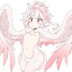Rule 34 | 1girl, blush, breasts, feathered wings, feathers, female focus, frfr, harpy, highres, messy hair, monster girl, nipples, original, pink feathers, pink hair, short hair with long locks, simple background, small breasts, solo, white background, white feathers, winged arms, wings