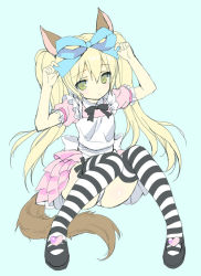 Rule 34 | 1girl, animal ears, apron, ass, blonde hair, bow, dog ears, dress, elin, emily (pure dream), long hair, panties, ribbon, sitting, solo, striped clothes, striped thighhighs, tail, tera online, thighhighs, twintails, underwear, yellow eyes