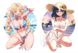 Rule 34 | 2girls, arm between legs, arm support, arm under breasts, beach, bikini, black hair, blonde hair, blue bikini, blush, braid, breasts, cleavage, collarbone, cowlick, floating hair, flower, frilled bikini, frills, hair flower, hair ornament, hat, hat flower, highres, jewelry, large breasts, long hair, looking at viewer, lower teeth only, mole, mole under eye, multiple girls, navel, necklace, nose blush, one eye closed, open mouth, original, parted bangs, red eyes, sandals, sarong, sarukana, see-through, see-through sarong, single braid, squatting, stomach, straw hat, sunset, swimsuit, teeth, twin braids, v, wet, white background, white bikini