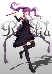 Rule 34 | 1girl, :d, bang dream!, black dress, black flower, black footwear, black ribbon, black rose, black sleeves, black thighhighs, blunt bangs, cross, cross necklace, detached sleeves, dress, floating hair, flower, full body, gothic lolita, gradient background, grey background, hair flower, hair ornament, highres, jewelry, layered dress, lolita fashion, long hair, long sleeves, nail polish, necklace, open mouth, pink nails, purple hair, red eyes, ribbon, ribbon-trimmed legwear, ribbon trim, rose, roselia (bang dream!), short dress, sleeveless, sleeveless dress, smile, solo, standing, standing on one leg, striped clothes, striped thighhighs, thighhighs, twintails, udagawa ako, vertical-striped clothes, vertical-striped thighhighs, white background, yuzuriha (atelier liang), zettai ryouiki