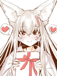 Rule 34 | 1girl, animal ear fluff, animal ears, box, closed mouth, fox ears, gift, gift box, hair between eyes, heart, highres, holding, holding gift, japanese clothes, kimono, long hair, looking at viewer, original, red eyes, simple background, smile, solo, spoken heart, upper body, white background, white hair, white kimono, yuuji (yukimimi)