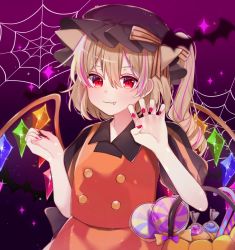 Rule 34 | + +, 1girl, alternate costume, animal ears, basket, bat (animal), black hat, blonde hair, blouse, buttons, candy, candy cane, cat ears, closed mouth, collared shirt, crystal, fang, flandre scarlet, food, hair between eyes, halloween, halloween bucket, halloween costume, hat, highres, holding, holding basket, lollipop, mob cap, nail polish, orange shirt, orange skirt, puffy short sleeves, puffy sleeves, purple background, red eyes, red nails, shirt, short hair, short sleeves, side ponytail, silk, skirt, solo, spider web, star-shaped pupils, star (sky), star (symbol), symbol-shaped pupils, touhou, upper body, wings, yurui tuhu
