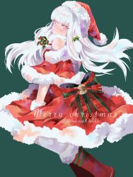 Rule 34 | 1girl, alternate costume, bad id, bad twitter id, bow, christmas, closed mouth, dress, english text, fire emblem, fire emblem: three houses, full body, fur collar, fur cuffs, fur trim, green background, hands on own knees, hat, highres, jumping, looking at viewer, lysithea von ordelia, nintendo, pink eyes, red dress, santa costume, santa hat, simekirillust, simple background, solo, white hair