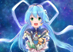 Rule 34 | 1girl, :d, blue hair, bouquet, cable, chisz4, commentary request, eyelashes, eyes visible through hair, floating hair, flower, green eyes, hair between eyes, hair ribbon, highres, holding, holding bouquet, hoshino yumemi, junk, light blush, long hair, long ribbon, looking at viewer, low twintails, night, open mouth, planetarian, ribbon, robot ears, round teeth, sky, smile, solo, star (sky), starry sky, straight-on, teeth, twintails, upper body, upper teeth only, very long hair, white ribbon