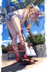 Rule 34 | 1girl, ass, backwards hat, bag, bare shoulders, baseball cap, bent over, blonde hair, blue sky, breasts, casual, contemporary, day, denim, denim shorts, earrings, facial mark, fate/grand order, fate (series), fingernails, food, forehead mark, hat, highres, horns, ibaraki douji (fate), jewelry, legs, long hair, looking at viewer, nakasaku-p, oni, oni horns, palm tree, pointy ears, ponytail, popsicle, sandals, sharp fingernails, short shorts, shorts, shoulder bag, sky, solo, tattoo, thighs, tree, yellow eyes