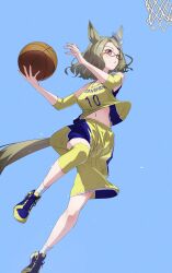 Rule 34 | 1girl, air messiah (umamusume), animal ears, ball, bare shoulders, basketball (object), basketball hoop, basketball jersey, blue background, breasts, brown hair, clothes lift, clothes writing, detached sleeves, ear ornament, glasses, hair ornament, hairclip, highres, holding, holding ball, horse ears, horse girl, horse tail, jumping, navel, open mouth, pink eyes, shirt, shirt lift, shoes, short hair, shorts, simple background, small breasts, sneakers, socks, solo, sweat, tail, umamusume, white socks, yakupan, yellow footwear, yellow shirt, yellow shorts