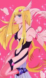 Rule 34 | 1girl, bare shoulders, blonde hair, blue eyes, blush, breasts, center opening, claws, commentary request, duel monster, feathered wings, feathers, hair ornament, harpie girl (yu-gi-oh!), harpy, heart, heart hair ornament, highres, long hair, medium breasts, monster girl, navel, pink background, pink feathers, pink wings, pinyata (pinyaland), revealing clothes, solo, sparkle, talons, thighhighs, winged arms, wings, yu-gi-oh!