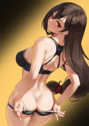 Rule 34 | 1girl, ass, back, black background, black hair, black sports bra, blush, breasts, brown hair, butt crack, closed mouth, earrings, final fantasy, final fantasy vii, from above, from behind, gradient background, hair between eyes, highres, jewelry, long hair, looking back, low-tied long hair, nike (company), panties, panty pull, pulling own clothes, red eyes, sideboob, solar (happymonk), solo, sports bra, sportswear, sweat, tifa lockhart, underwear, yellow background
