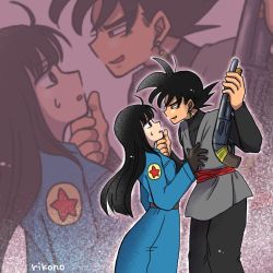 Rule 34 | 10s, 1boy, 1girl, :d, :o, artist request, black eyes, black hair, dragon ball, dragon ball super, eye contact, face-to-face, goku black, grabbing another&#039;s chin, gun, hime cut, long hair, looking at another, mai (dragon ball), nervous, open mouth, scared, short hair, shotgun, smile, standing, sweat, uniform, weapon, zoom layer