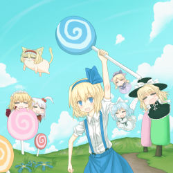 Rule 34 | 6+girls, :d, = =, alice margatroid, alice margatroid (pc-98), animal ears, blonde hair, blue eyes, blue hair, bow, candy, cat ears, cat girl, cloud, cotton candy, day, female focus, flower, food, hair bobbles, hair bow, hair ornament, hair ribbon, hairband, hat, hat bow, hbkhk2007, highres, lollipop, long hair, louise (touhou), mai (touhou), maid, maid headdress, multiple girls, mystic square, open mouth, parody, ribbon, shinki (touhou), short hair, side ponytail, silver hair, sky, smile, suspenders, team fortress 2, touhou, touhou (pc-98), tree, wings, yuki (touhou), yumeko (touhou)