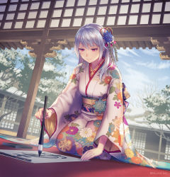 Rule 34 | 1girl, absurdres, anbe yoshirou, architecture, blue flower, closed mouth, day, east asian architecture, floral print, flower, full body, hair flower, hair ornament, hair ribbon, highres, holding, holding brush, japanese clothes, kimono, kneeling, long hair, long sleeves, print kimono, red eyes, red ribbon, ribbon, shinma x keishou! ragnabreak, silver hair, sitting, smile, solo, white kimono, wide sleeves, yukata