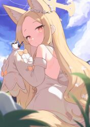 Rule 34 | 1girl, absurdres, animal, animal ear fluff, animal ears, bare shoulders, bird, blonde hair, blue archive, blush, closed mouth, day, detached sleeves, dress, fox ears, fox tail, halo, highres, klaius, long hair, looking at viewer, outdoors, seia (blue archive), sleeves past fingers, sleeves past wrists, solo, tail, white bird, white dress, white sleeves, yellow eyes, yellow halo