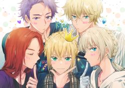 Rule 34 | 1girl, 4boys, ahoge, alternate costume, artoria pendragon (all), artoria pendragon (fate), bad id, bad pixiv id, bedivere (fate), blonde hair, blue eyes, blue shirt, blush, braid, casual, closed eyes, closed mouth, crown, dangmill, fate/grand order, fate (series), finger gun, finger to mouth, gawain (fate), green eyes, hair bun, heart, hood, hoodie, jacket, knights of the round table (fate), lancelot (fate/grand order), long hair, multiple boys, patterned background, plaid, plaid scarf, purple eyes, purple hair, purple shirt, red hair, saber (fate), scarf, shirt, short hair, single hair bun, sparkle, striped clothes, striped jacket, tristan (fate), white background
