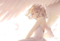 Rule 34 | 1girl, angel wings, blonde hair, dress, earrings, feathered wings, feathers, from side, highres, jewelry, looking at viewer, niro (sikabanekurui), original, pink eyes, short hair, shoulder blades, sleeveless, sleeveless dress, solo, sparkle, white background, white dress, white feathers, white wings, wings