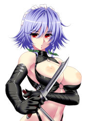 Rule 34 | 1girl, bad id, bad pixiv id, blue hair, braid, breasts, dual wielding, elbow gloves, female focus, gloves, highres, holding, inverted nipples, izayoi sakuya, large breasts, looking at viewer, maid headdress, navel, nipples, pout, red eyes, reverse grip, short hair, silver hair, simple background, solo, touhou, tro, twin braids, white background