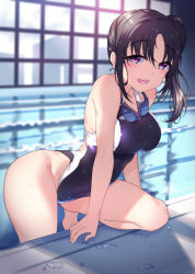 Rule 34 | 1girl, black hair, black one-piece swimsuit, breasts, commentary request, competition swimsuit, cowboy shot, goggles, goggles around neck, highleg, highleg swimsuit, highres, indoors, kazuno sarah, looking at viewer, love live!, love live! sunshine!!, medium breasts, one-piece swimsuit, open mouth, pool, purple eyes, round teeth, side ponytail, smile, solo, swimsuit, teeth, upper teeth only, wet, yamaori (yamaorimon)