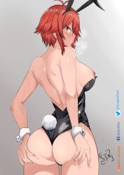 Rule 34 | 1girl, aizawa tomo, animal ears, antenna hair, artist logo, artist name, ass, ass grab, bare back, bare shoulders, black leotard, blush, breasts, breath, facebook username, fake animal ears, fake tail, from behind, gradient background, grey background, hand on own ass, heavy breathing, highres, large breasts, leotard, looking at viewer, looking back, nipples, patreon username, playboy bunny, pout, rabbit ears, rabbit tail, red eyes, red hair, shiny skin, short hair, solo, strapless, strapless leotard, syyn (syyndev), tail, tomo-chan wa onna no ko, twitter username, wardrobe malfunction, wrist cuffs