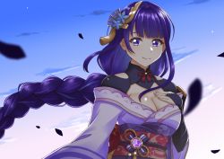 Rule 34 | 1girl, armor, blush, braid, breasts, bridal gauntlets, cleavage, closed mouth, commentary request, floral print, flower, genshin impact, hair ornament, hand on own chest, highres, japanese clothes, kimono, large breasts, long hair, long sleeves, looking at viewer, mitsudomoe (shape), obi, obiage, obijime, purple eyes, purple flower, purple hair, raiden shogun, ribbon, sano souichi, sash, shoulder armor, smile, solo, tassel, tomoe (symbol), wide sleeves