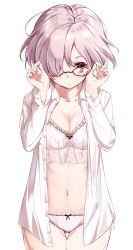Rule 34 | 1girl, absurdres, bow, bow bra, bow panties, bra, breasts, cleavage, collarbone, cowboy shot, eyes visible through hair, fate/grand order, fate (series), glasses, gluteal fold, hair over one eye, hamaken. (novelize), highres, large breasts, long sleeves, looking at viewer, mash kyrielight, midriff, navel, open clothes, open shirt, panties, pink bra, pink panties, purple eyes, purple hair, red-framed eyewear, shirt, short hair, simple background, solo, thigh gap, underwear, white background