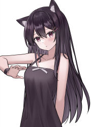 Rule 34 | 1girl, absurdres, animal ear fluff, animal ears, bare arms, bare shoulders, black dress, black hair, blush, breasts, cat ears, closed mouth, collarbone, commentary request, dress, hair between eyes, hair ornament, hairclip, head tilt, highres, long hair, looking at viewer, medium breasts, nagisa (cxcx5235), original, purple eyes, simple background, sleeveless, sleeveless dress, solo, very long hair, white background
