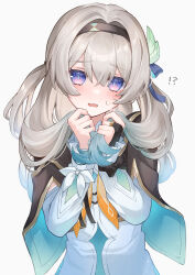 Rule 34 | !?, 1girl, absurdres, aqua hair, blush, commentary request, firefly (honkai: star rail), gradient hair, grey background, grey hair, grey hairband, hairband, hands up, highres, holding, holding own hair, honkai: star rail, honkai (series), long hair, long sleeves, looking at viewer, mugita (mokankan), multicolored hair, open mouth, purple eyes, shirt, solo, two side up, upper body, white shirt