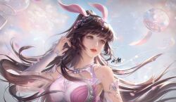 Rule 34 | 1girl, absurdres, animal ears, arm up, bare shoulders, blue sky, brown hair, cherry blossoms, douluo dalu, dress, falling petals, floating hair, hair ornament, highres, long hair, parted lips, petals, pink dress, ponytail, rabbit ears, second-party source, sky, solo, tang xiao ran txr, upper body, xiao wu (douluo dalu)