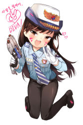 Rule 34 | 1girl, :d, animal print, belt, black footwear, black pants, blue shirt, breast pocket, brown eyes, brown hair, character name, charm (object), collared shirt, d.va (overwatch), facepaint, facial mark, female service cap, finger on trigger, flat chest, full body, gloves, gun, handgun, heart, highres, holding, holding gun, holding weapon, kneeling, knees together feet apart, korean text, long hair, long sleeves, looking at viewer, name tag, necktie, officer d.va, official alternate costume, open mouth, overwatch, overwatch 1, pants, pistol, pocket, police, police uniform, rabbit print, sankyaku tako, shirt, shoes, simple background, smile, solo, striped necktie, striped neckwear, swept bangs, tie clip, translation request, uniform, weapon, whisker markings, whistle, white background, white gloves